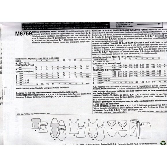 McCalls Sewing Pattern 6759 Swimwear Suits Once Piece Tankini Miss Sz 6-14 - Picture 2 of 3